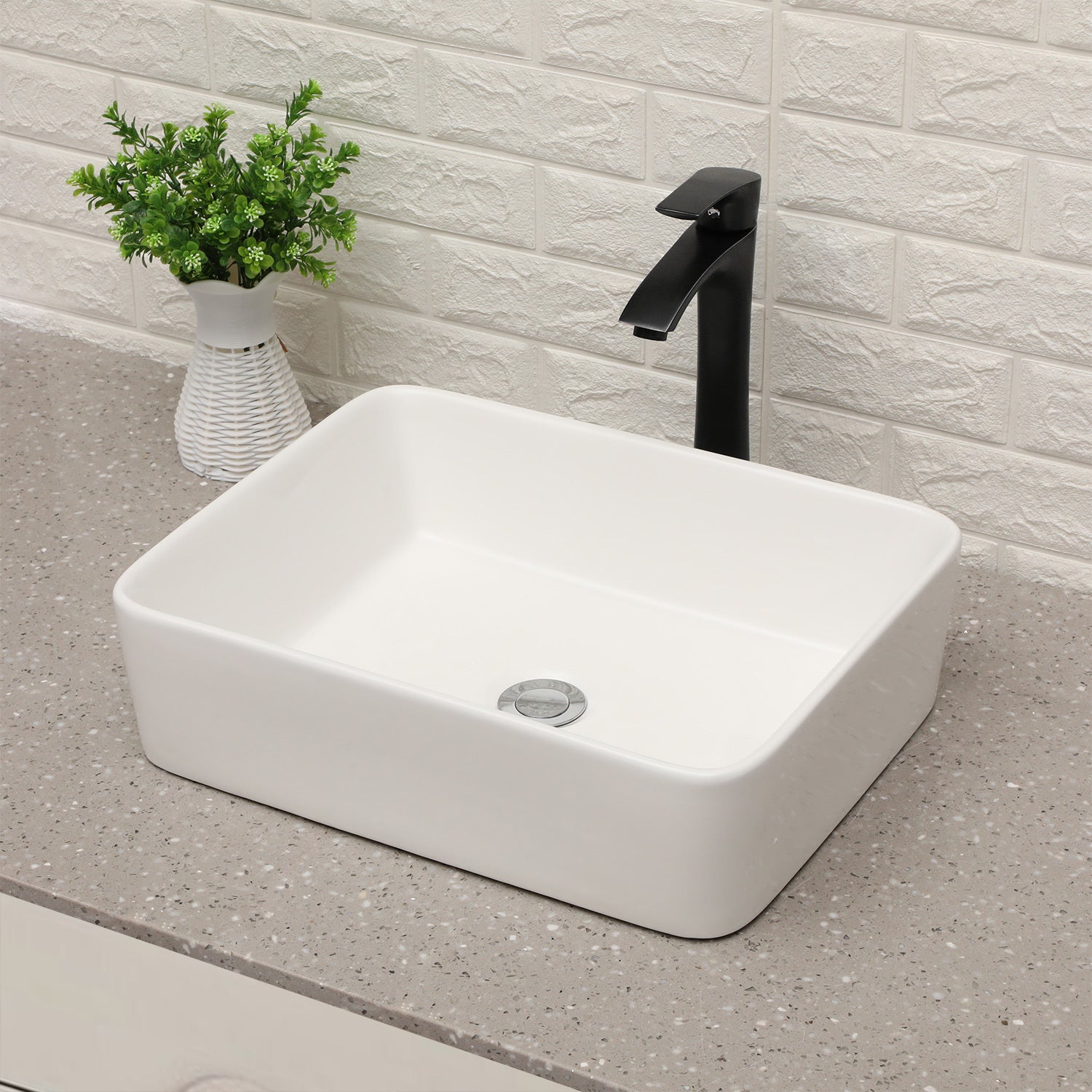 19"X15" Rectangle Vessel Bathroom Sink And Matte Black Single Lever Faucet Combo White Black Ceramic