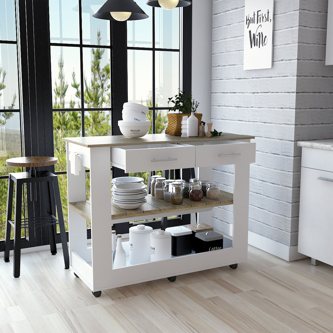 Kitchen Island 46 Inches Dozza, Two Drawers, White white-particle board