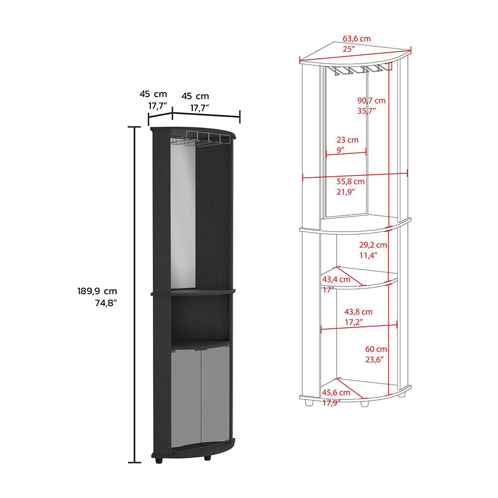 Corner Bar Cabinet Rialto, Three Shelves, Black Wengue Finish Black Particle Board