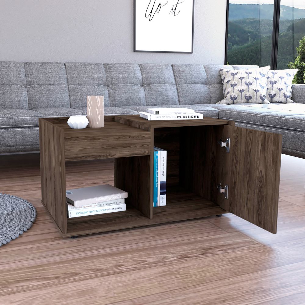 Coffee Table Dext, Single Door Cabinet, One Open Shelf, Dark Walnut Finish Brown Particle Board