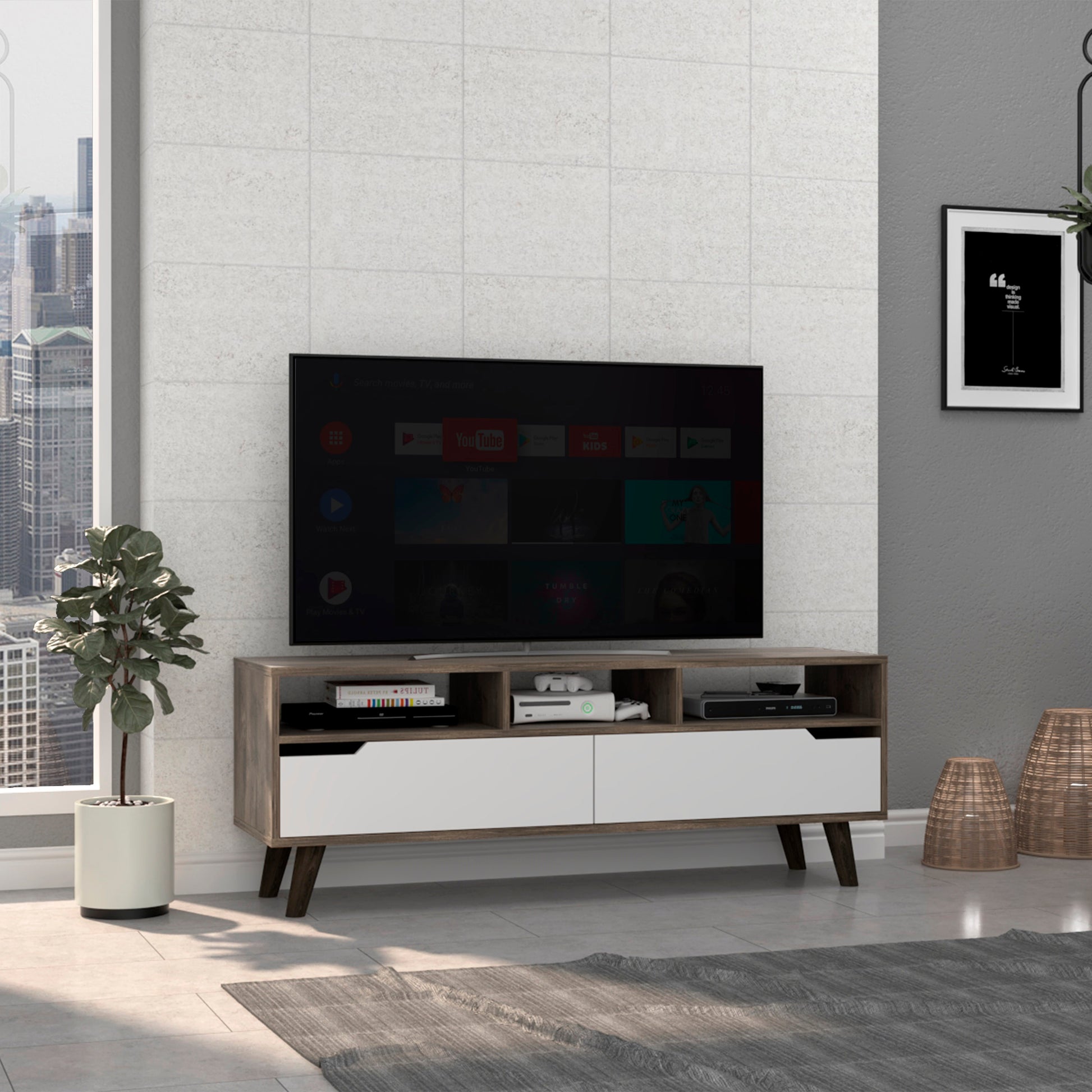 Tv Stand 2.0 For Tv S Up 52" Bull, Three Open Shelves,Two Drawers, Dark Brown White Finish White 50 59 Inches Particle Board