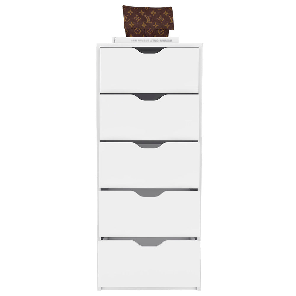 Dresser Kamran, Five Drawer Narrows, White Finish White Particle Board