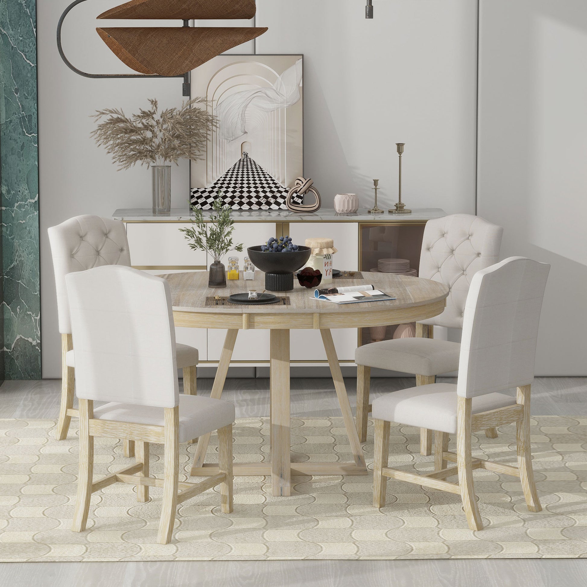 5 Piece Retro Functional Dining Set, Round Table With A 16"W Leaf And 4 Upholstered Chairs For Dining Room And Living Room Natural Natural Solid Wood