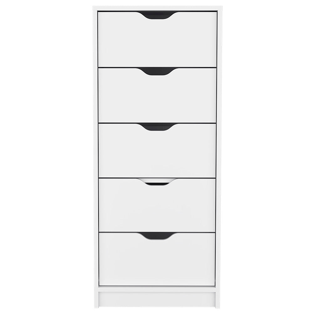 Dresser Kamran, Five Drawer Narrows, White Finish White Particle Board