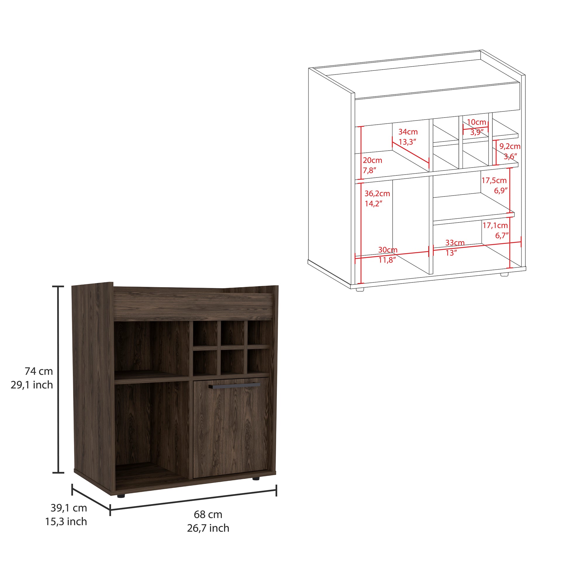 Bar Cabinet Dext, Two Concealed Shelves, Six Wine Cubbies, Dark Walnut Finish Walnut Particle Board