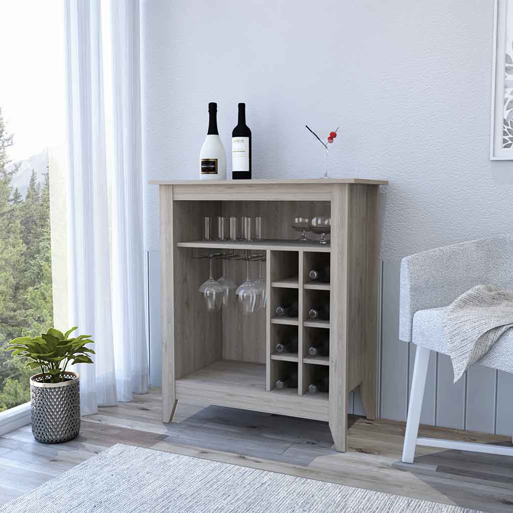 Bar Cabinet Castle, One Open Shelf, Six Wine Cubbies, Light Gray Finish Light Gray Particle Board