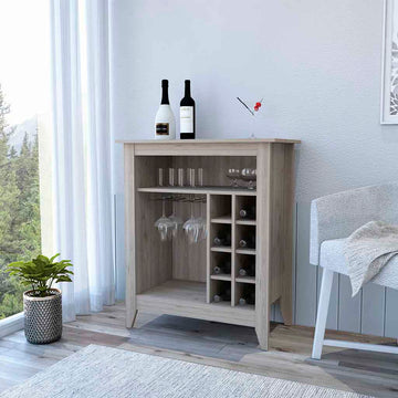 Bar Cabinet Castle, One Open Shelf, Six Wine Cubbies, Light Gray Finish Light Gray Particle Board