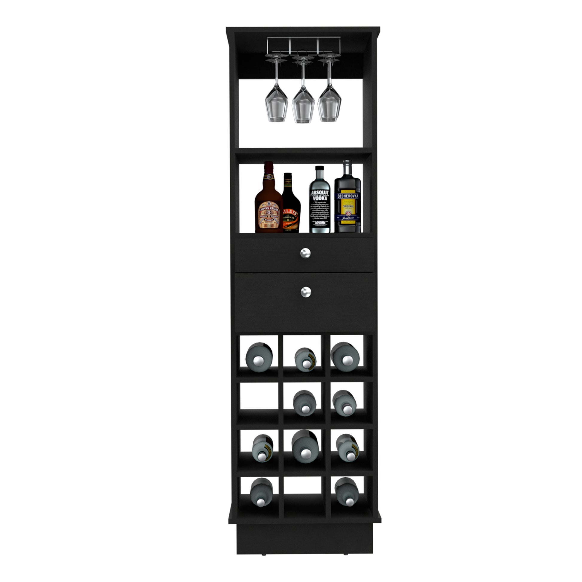 Bar Cabinet Bureck, Two Drawers, Twelve Wine Cubbies, Black Wengue Finish Black Particle Board