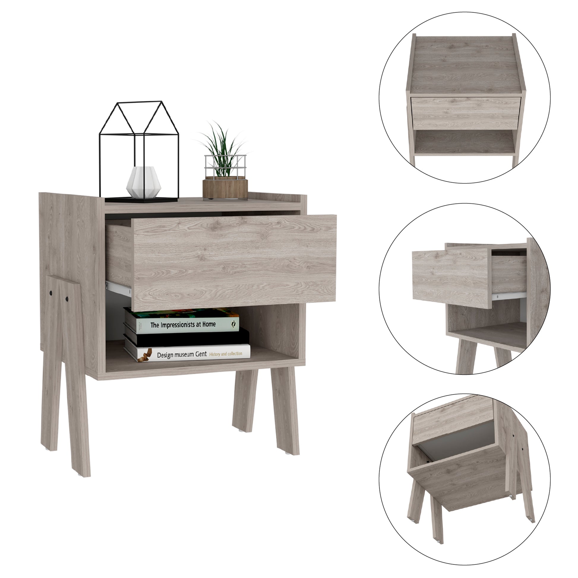 Nightstand Ferku, Open Shelf, One Drawer, Light Gray Finish Light Gray Particle Board