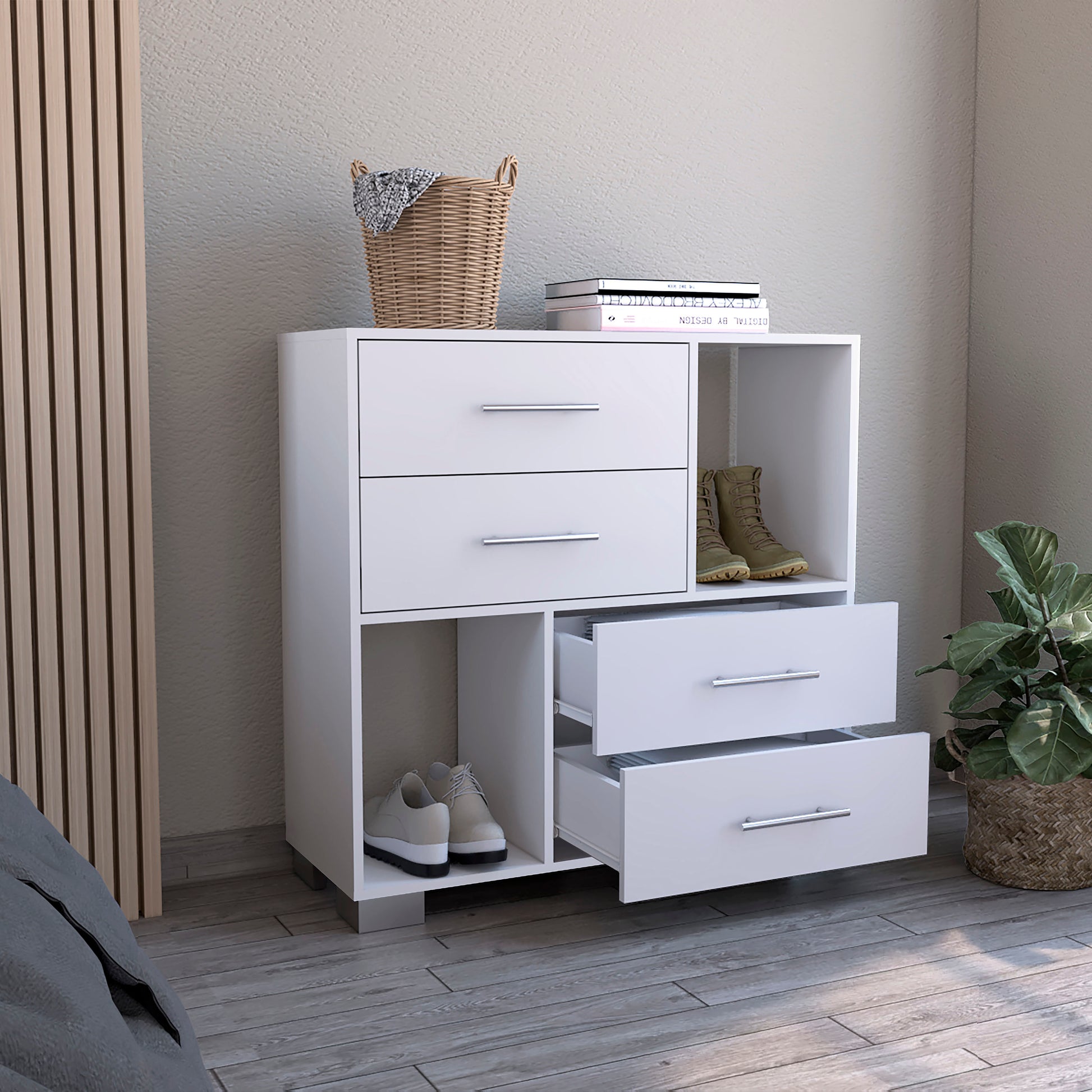 Dresser Hetzs, Four Drawers, Two Open Shelves, White Finish White Particle Board