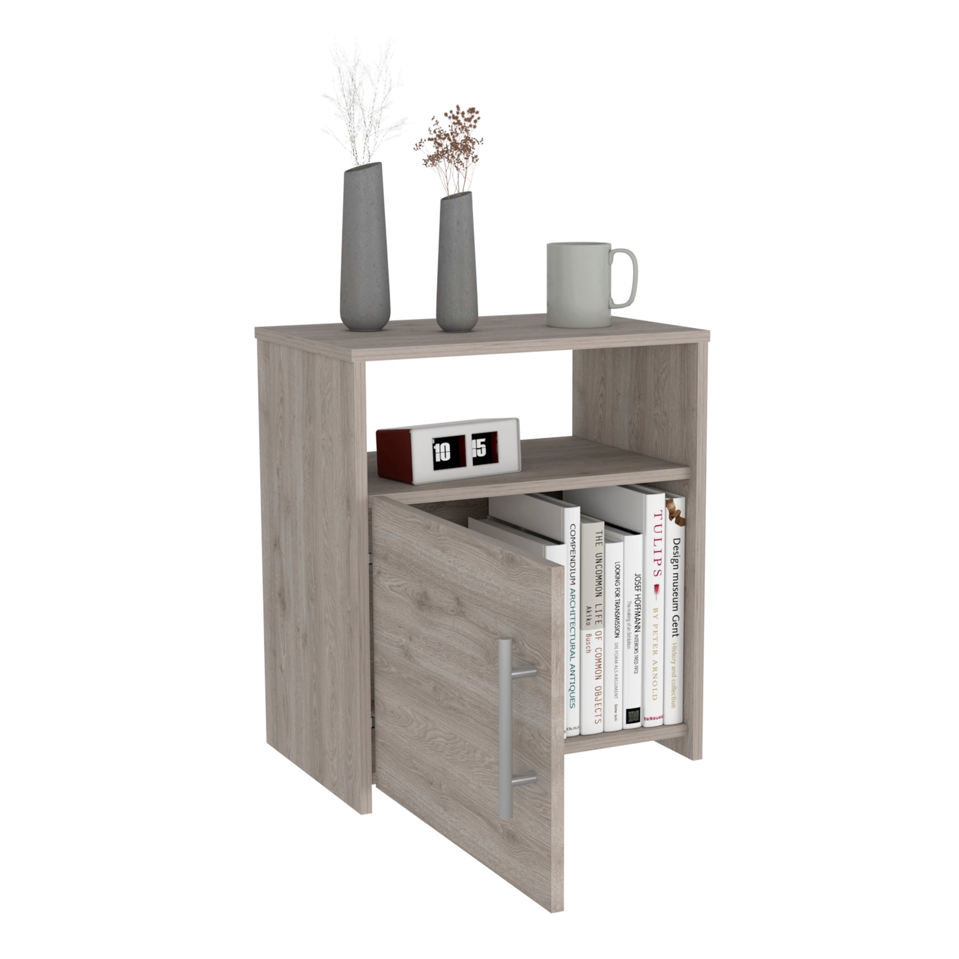 Nightstand Cuarzz, One Cabinet, Light Gray Finish Light Gray Particle Board