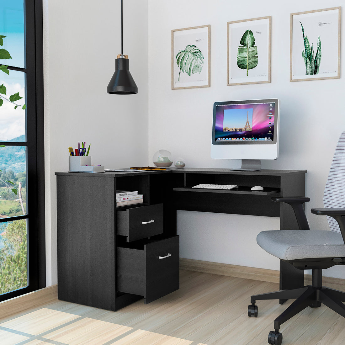 L Shaped Desk Bradford, Keyboard Shelf, Black Wengue black-particle board