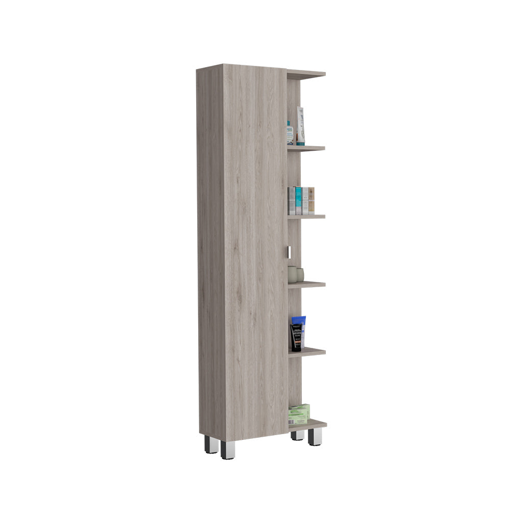 Corner Cabinet Womppi, Five Open Shelves, Single Door, Light Gray Finish Light Gray Particle Board