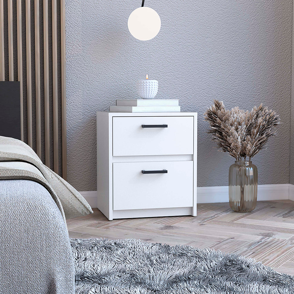 Nightstand Chequered, Two Drawes, White Finish White Particle Board