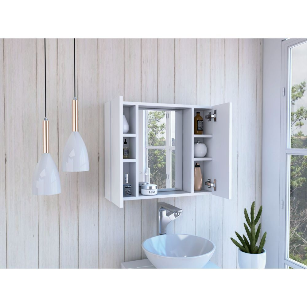 Medicine Cabinet Hops, Double Door, Mirror, One External Shelf, White Finish White Particle Board