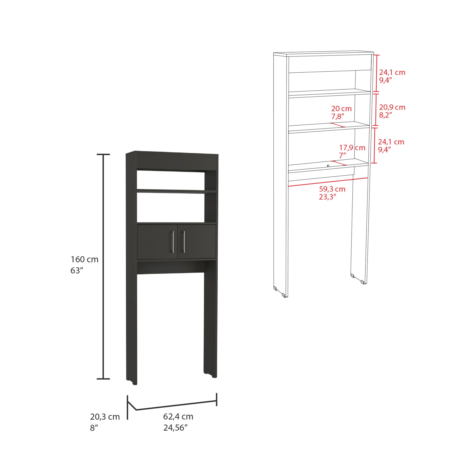 Over The Toilet Cabinet Jozz, Double Door, Two Shelves, Black Wengue Finish Black Particle Board