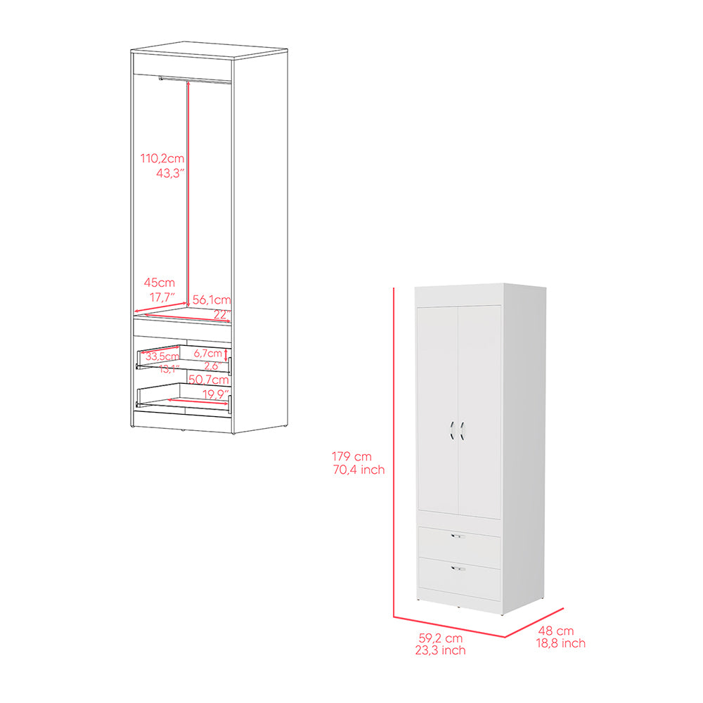 Armoire Tarento,Two Drawers, White Finish White Particle Board