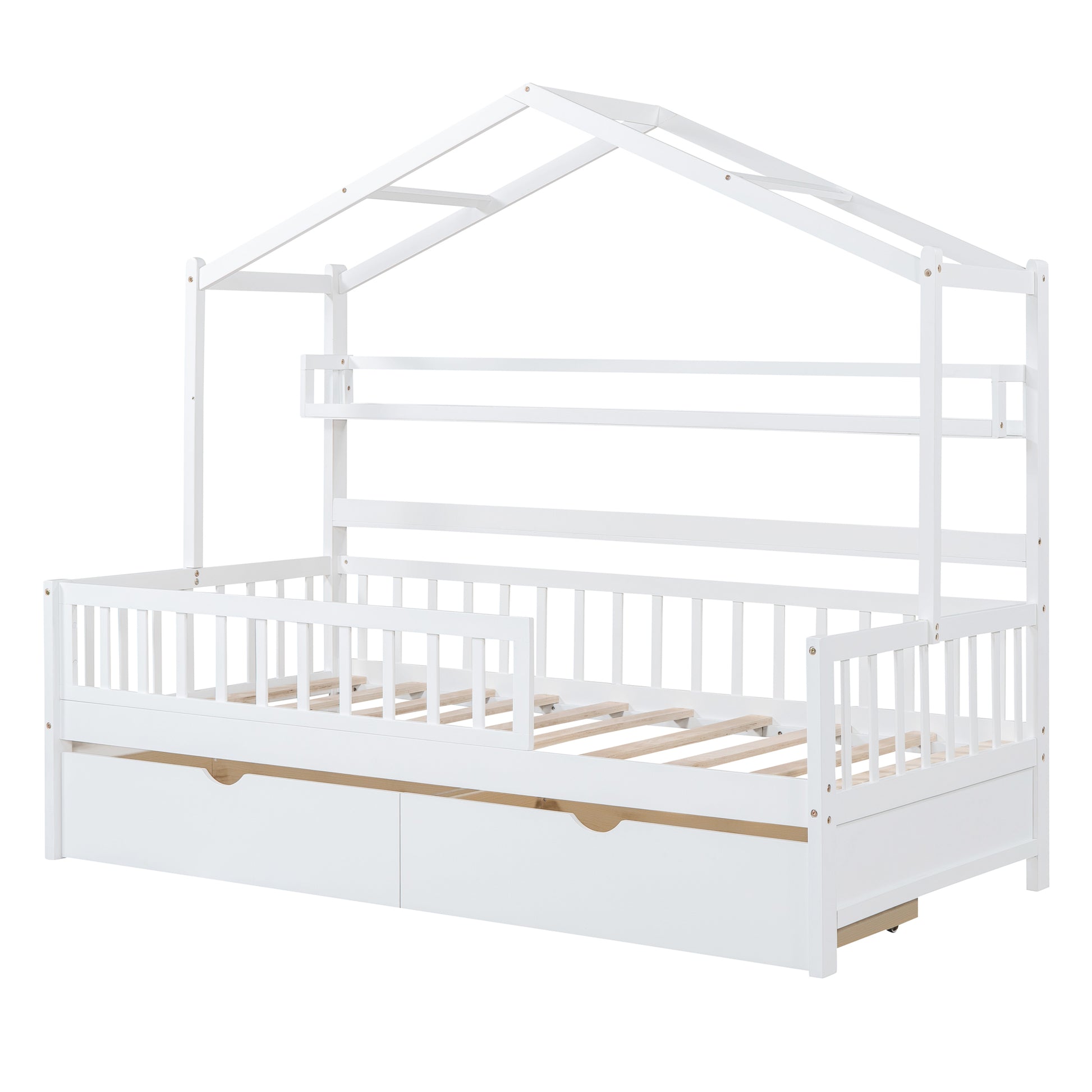 Wooden Twin Size House Bed With 2 Drawers,Kids Bed With Storage Shelf, White White Wood