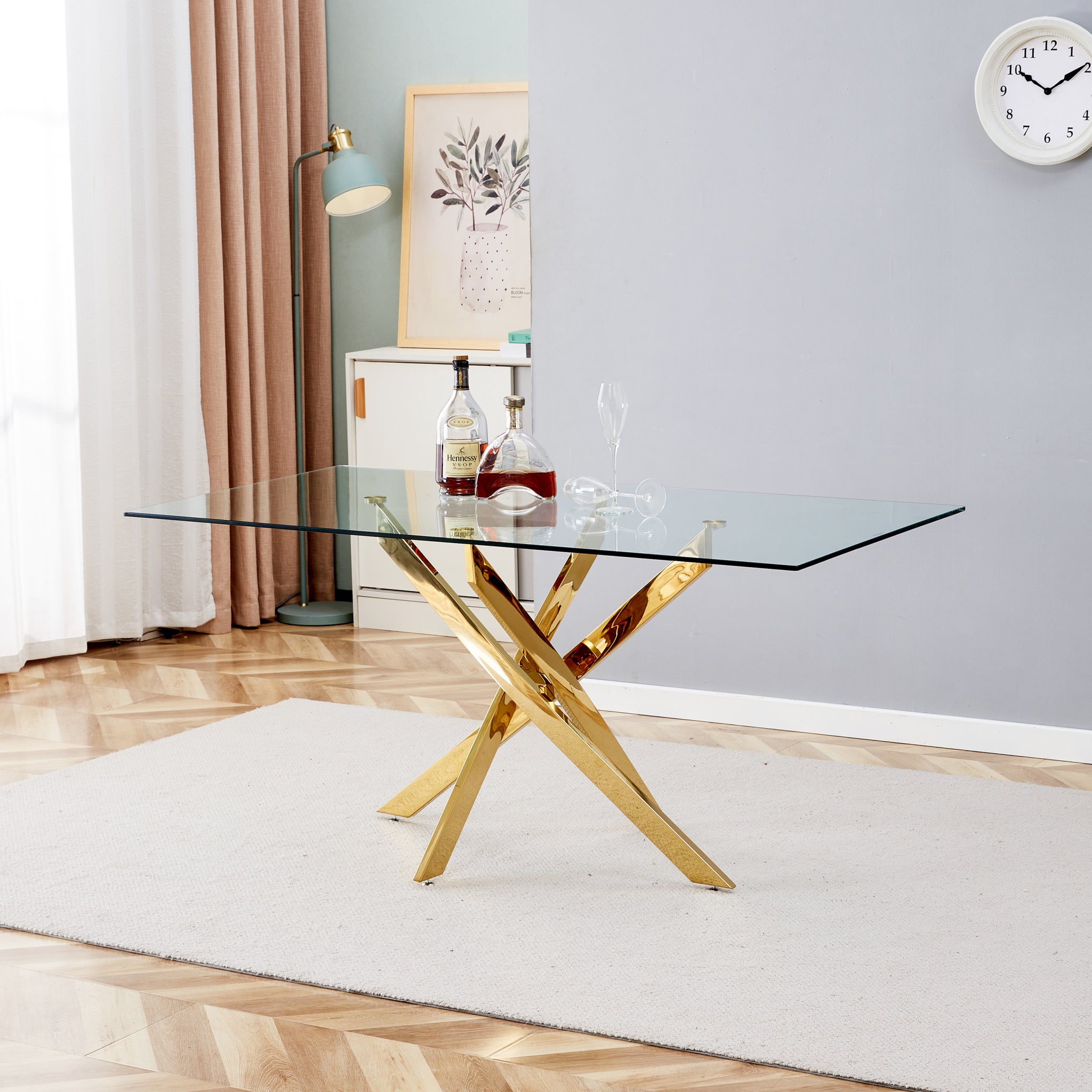 Tempered Clear Glass Golden Leg Dinning Table 63" Gold Glass