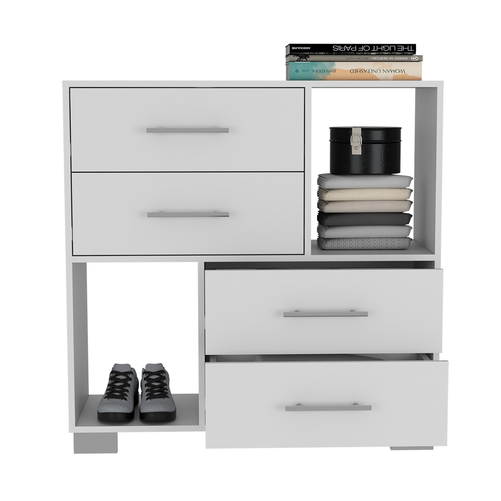 Dresser Hetzs, Four Drawers, Two Open Shelves, White Finish White Particle Board