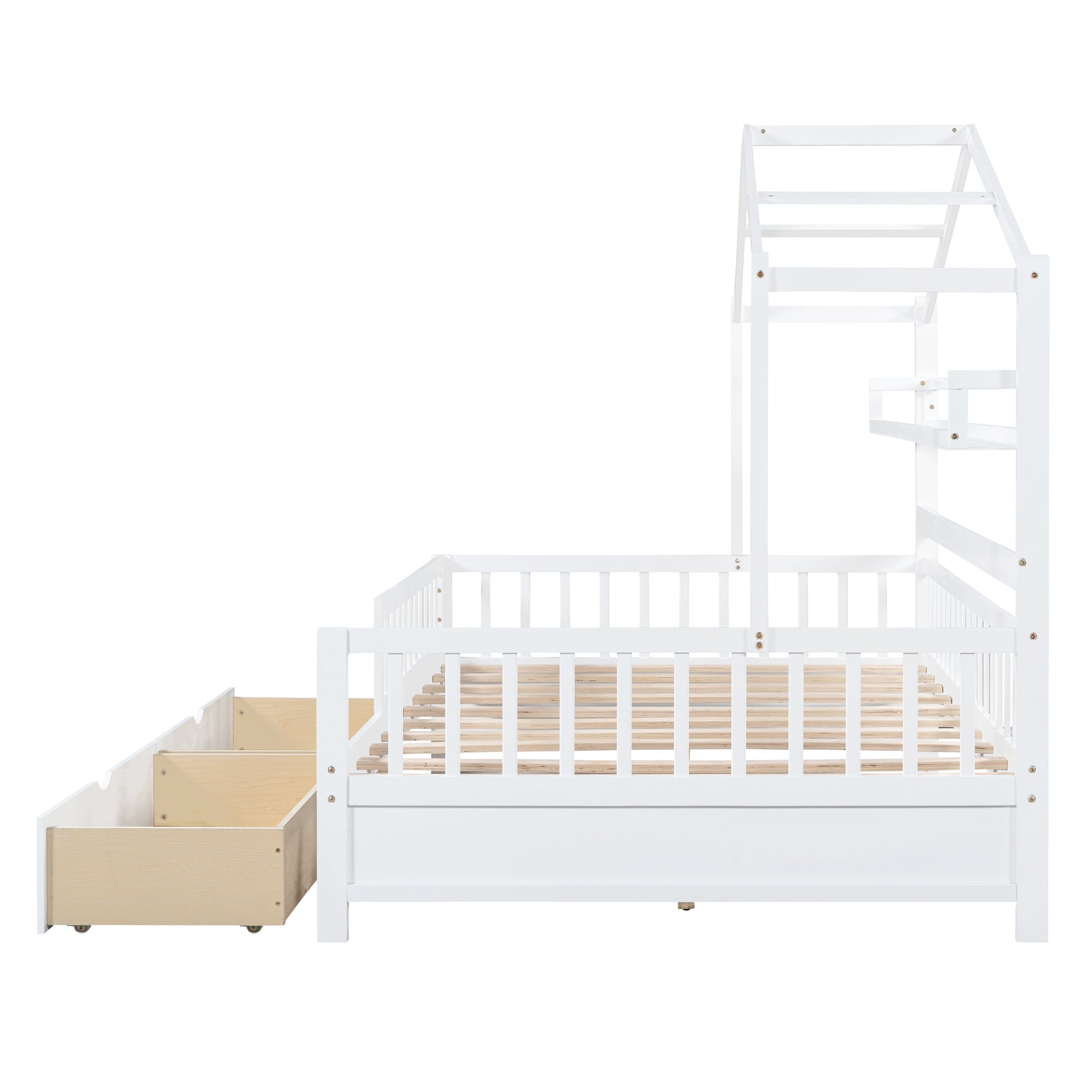 Wooden Full Size House Bed With 2 Drawers,Kids Bed With Storage Shelf, White White Wood