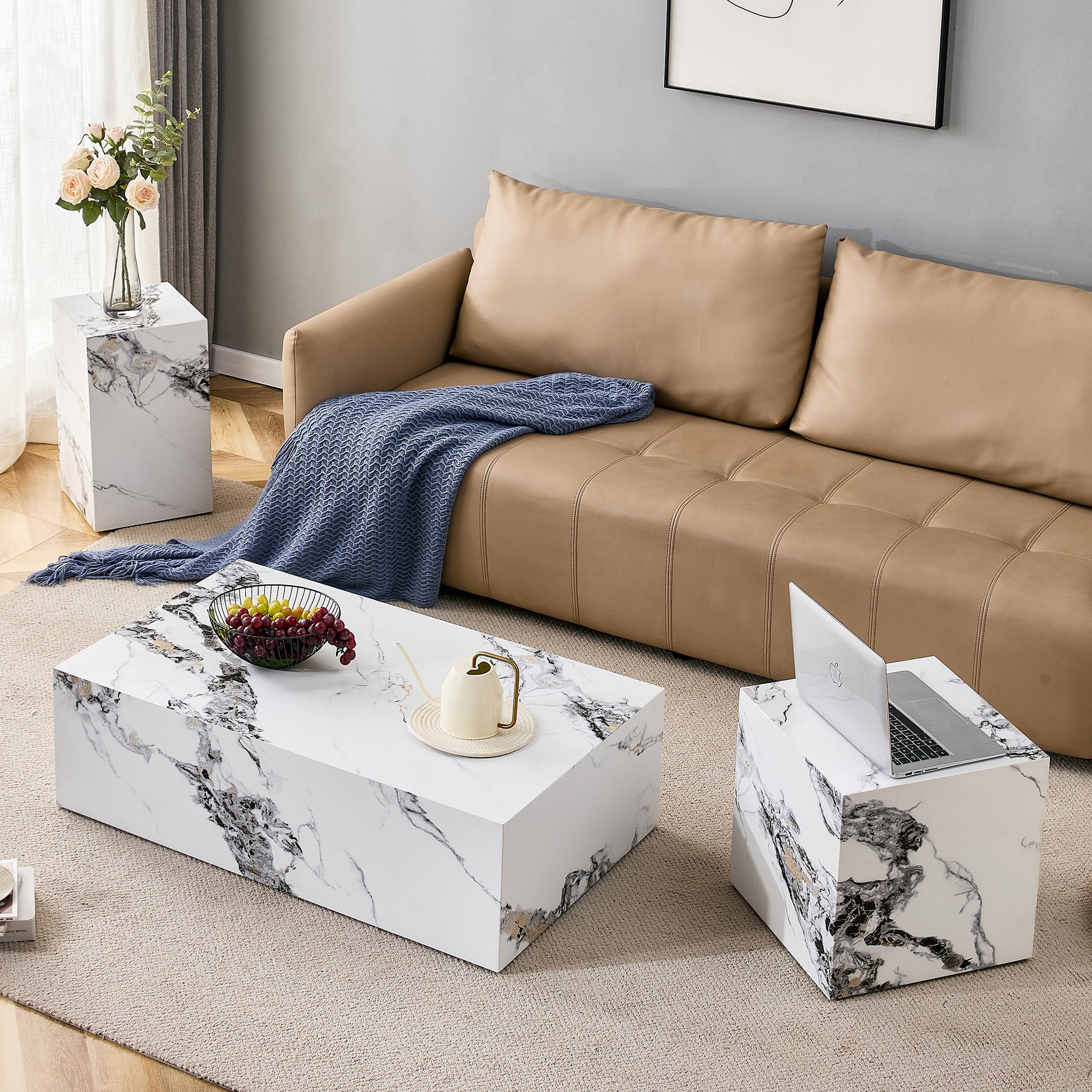 Compact Mdf Coffee Table: 11.81X11.81X19.69 Inches, Stylish Texture Design White Mdf