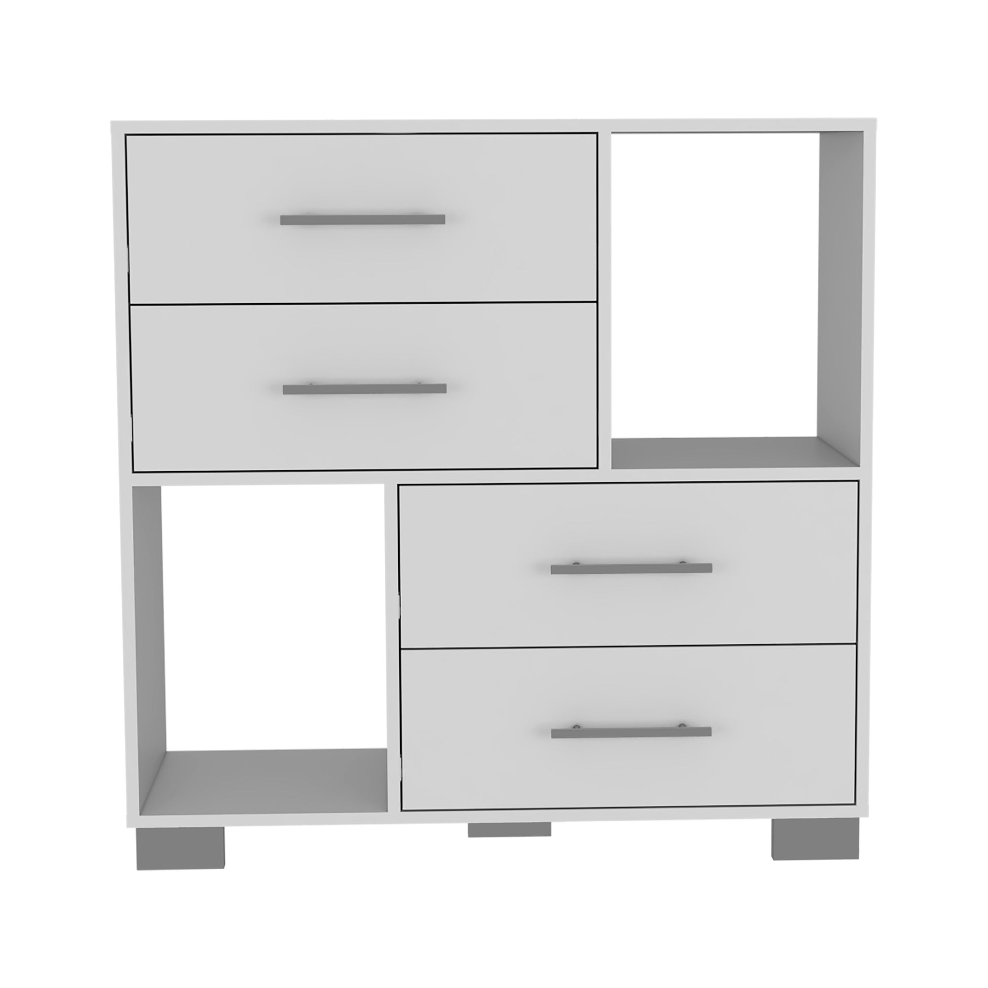 Dresser Hetzs, Four Drawers, Two Open Shelves, White Finish White Particle Board