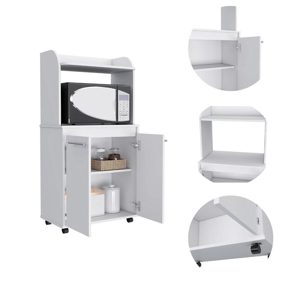 Kitchen Cart Totti, Double Door Cabinet, One Open Shelf, Two Interior Shelves, White Finish White Particle Board