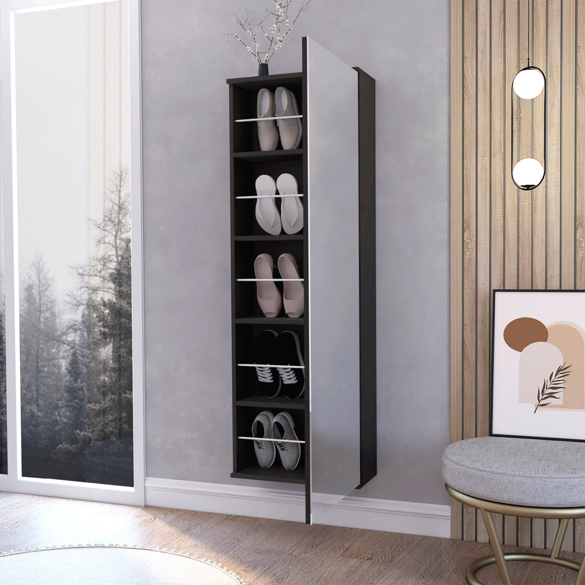 Wall Mounted Shoe Rack With Mirror Chimg, Single Door, Black Wengue Finish Black Particle Board