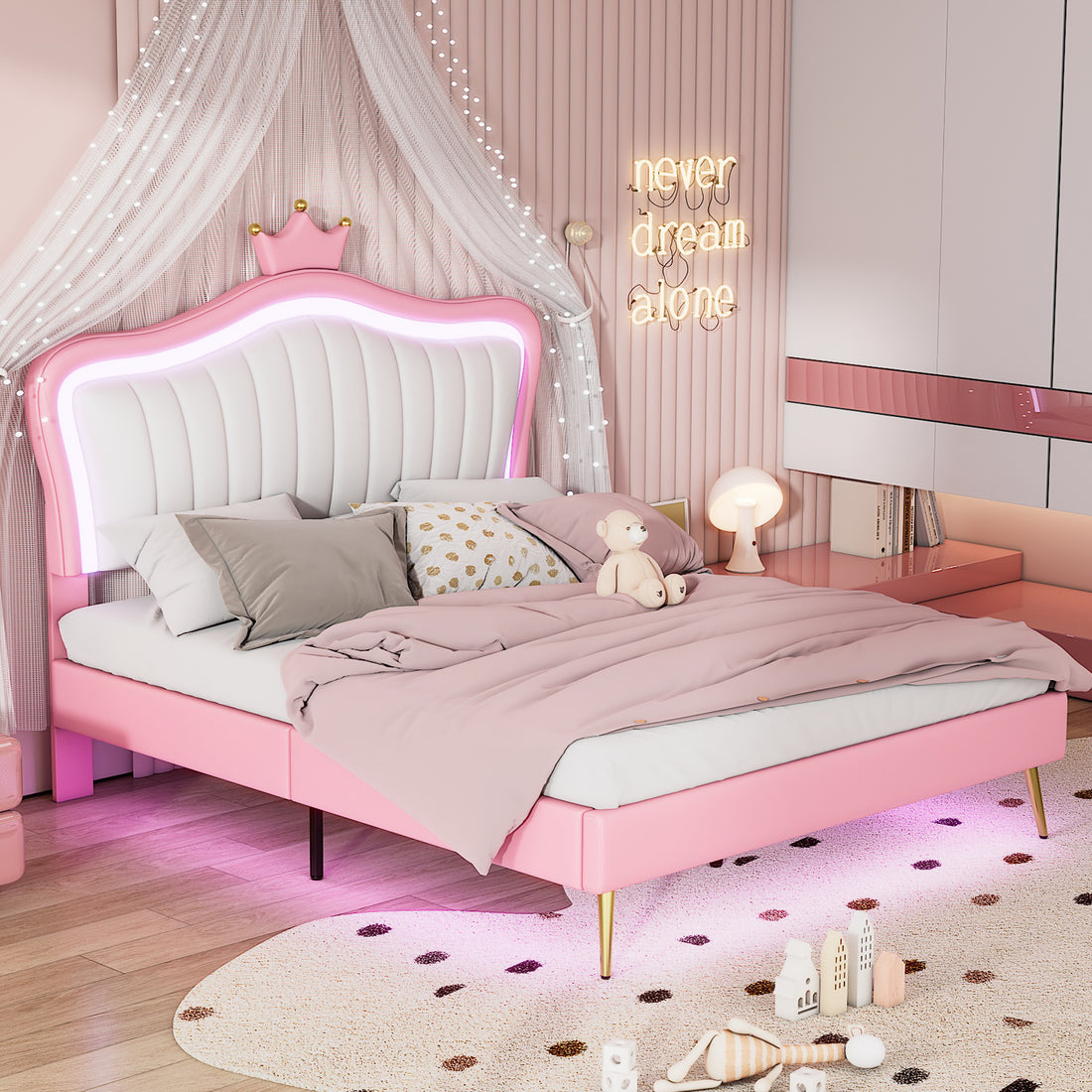 Queen Size Upholstered Bed Frame With Led Lights,Modern Upholstered Princess Bed With Crown Headboard,White Pink Queen White Pink Pu