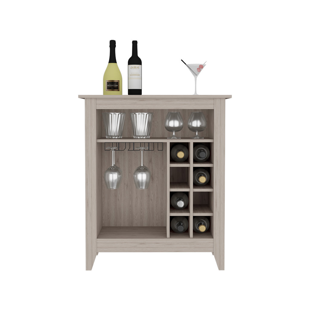 Bar Cabinet Castle, One Open Shelf, Six Wine Cubbies, Light Gray Finish Light Gray Particle Board