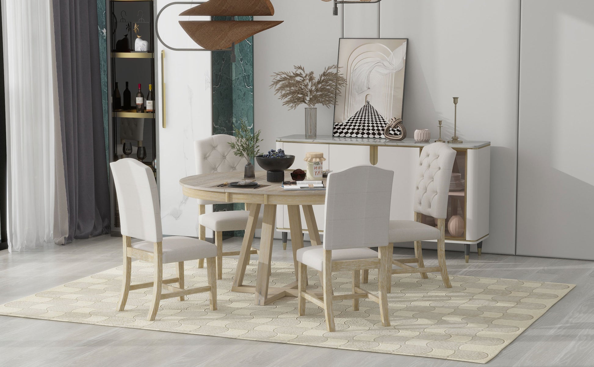 5 Piece Retro Functional Dining Set, Round Table With A 16"W Leaf And 4 Upholstered Chairs For Dining Room And Living Room Natural Natural Solid Wood