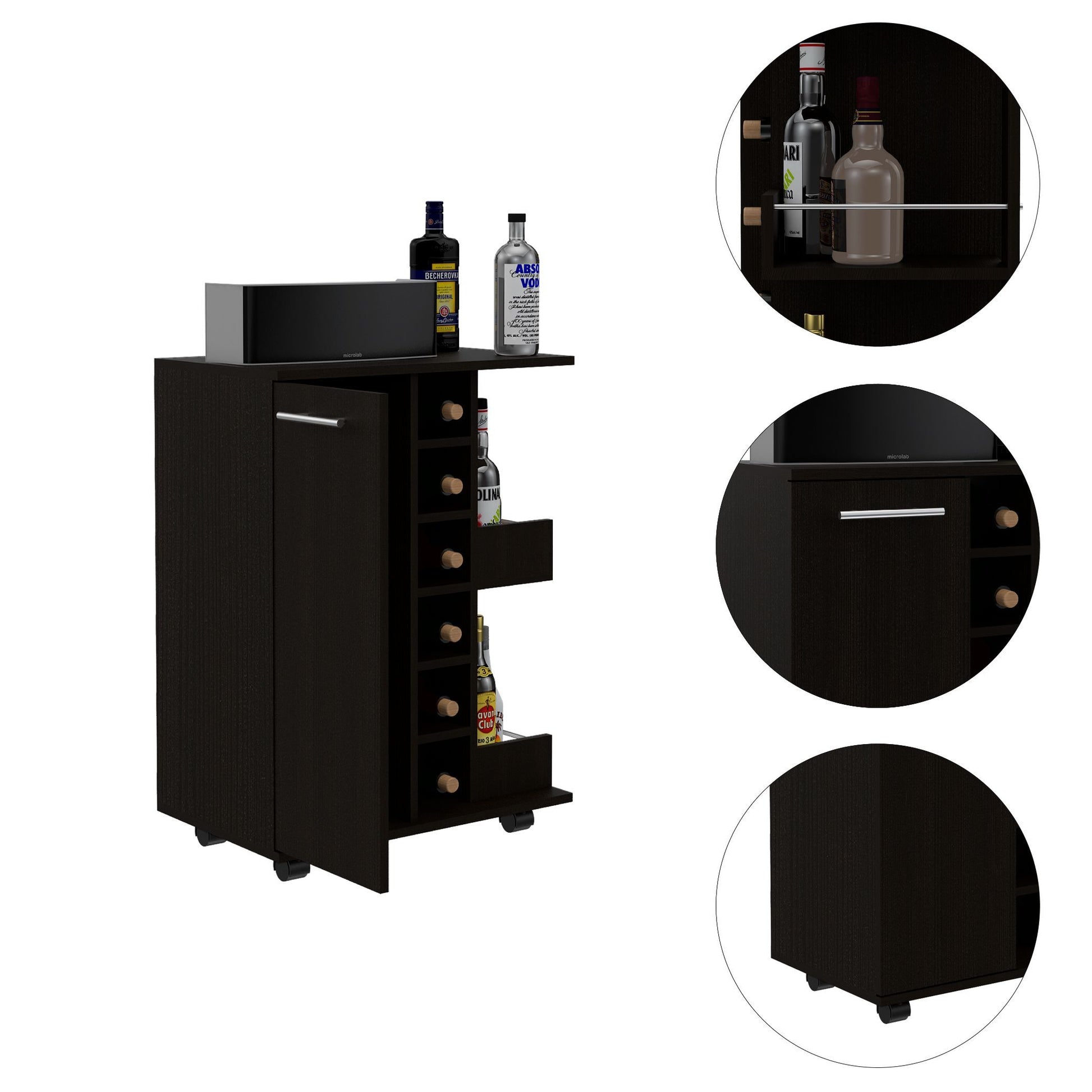 Bar Cart Wells, Four Casters, Black Wengue Finish Black Particle Board