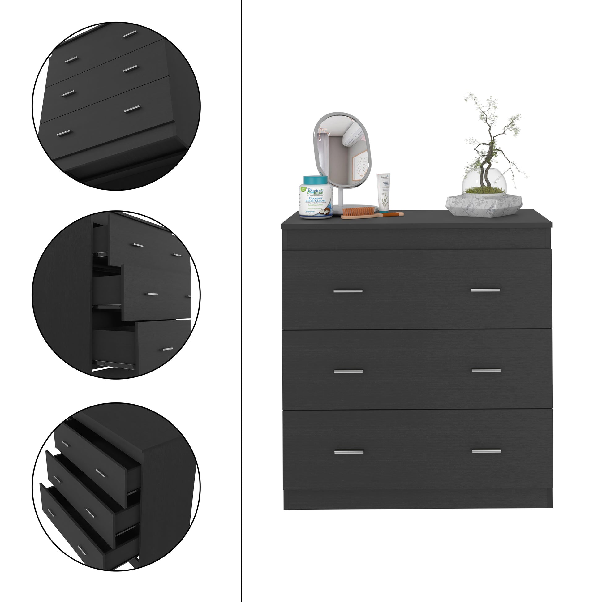 Three Drawer Dresser Litress, Metal Handles, Black Wengue Finish Black Particle Board