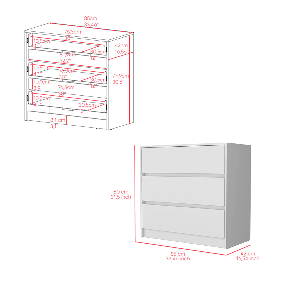 Dresser Maldus, Three Drawers, White Finish White Particle Board