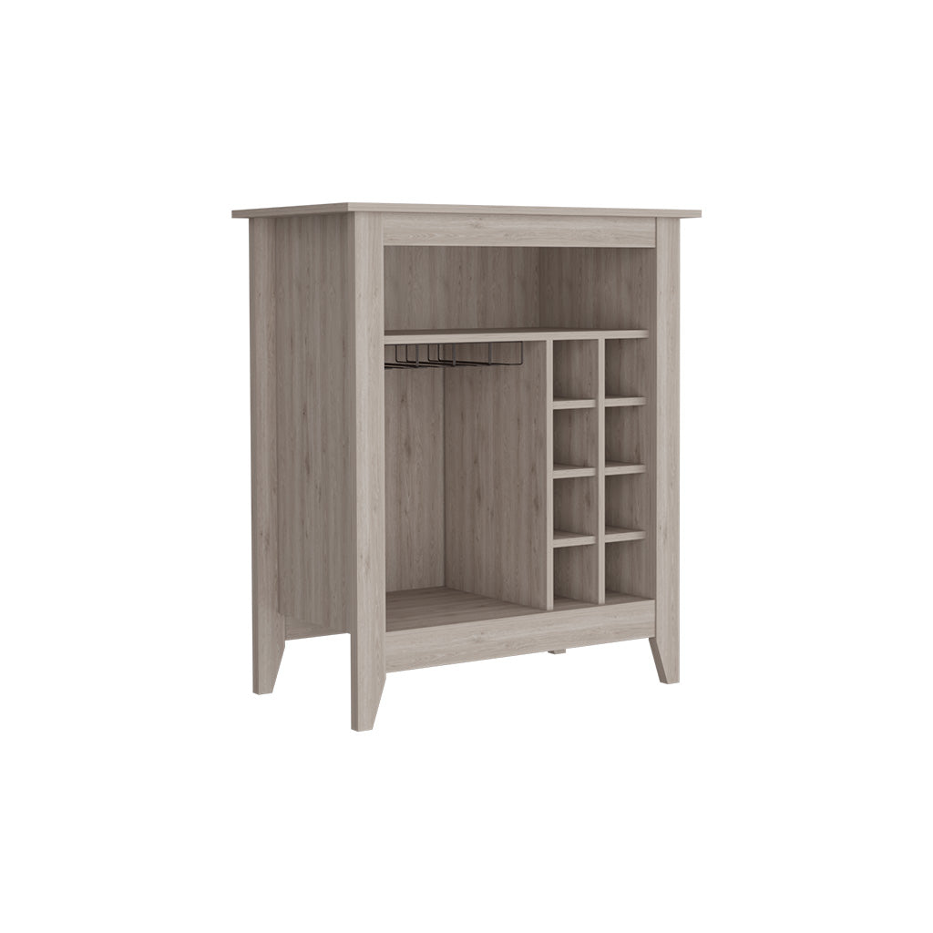 Bar Cabinet Castle, One Open Shelf, Six Wine Cubbies, Light Gray Finish Light Gray Particle Board