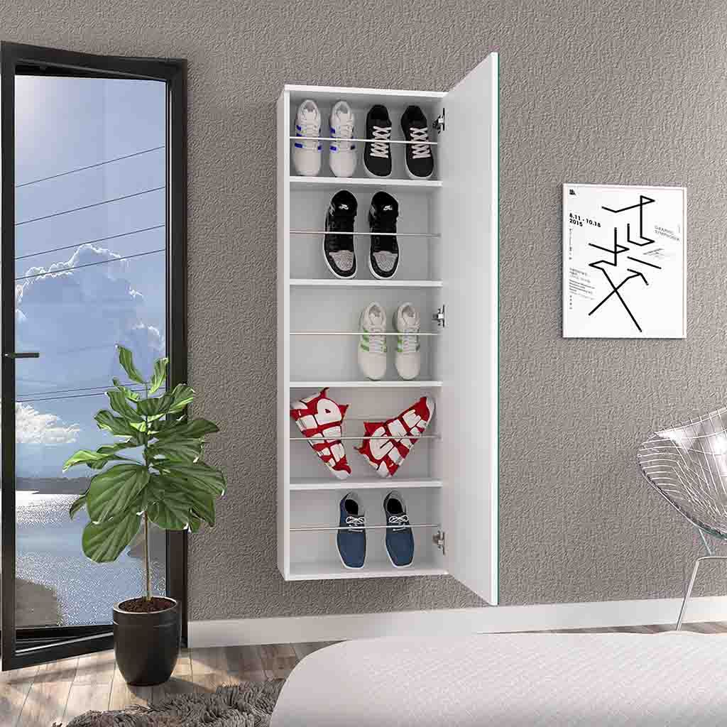 Wall Mounted Shoe Rack With Mirror Chimg, Single Door, White Finish White Particle Board