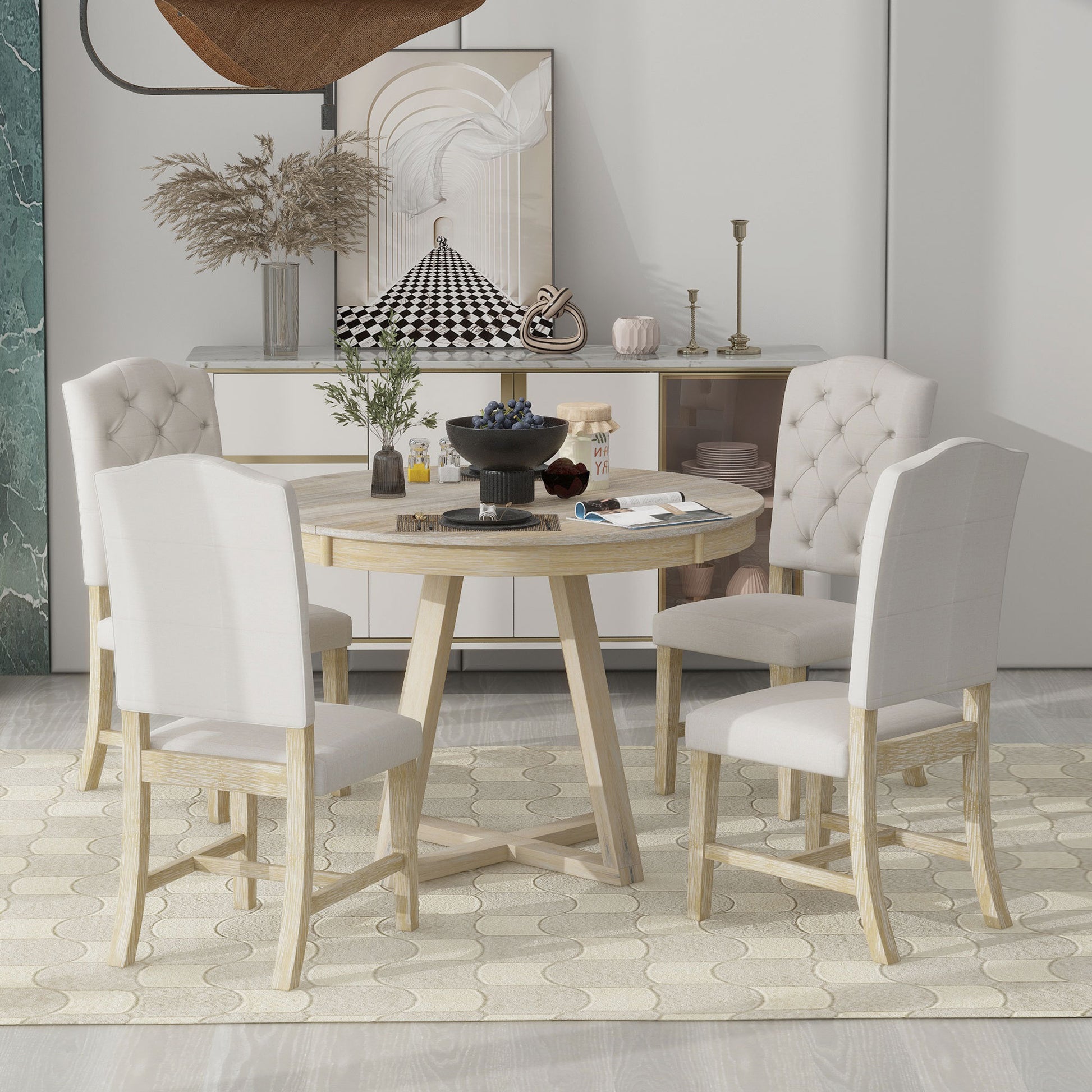 5 Piece Retro Functional Dining Set, Round Table With A 16"W Leaf And 4 Upholstered Chairs For Dining Room And Living Room Natural Natural Solid Wood