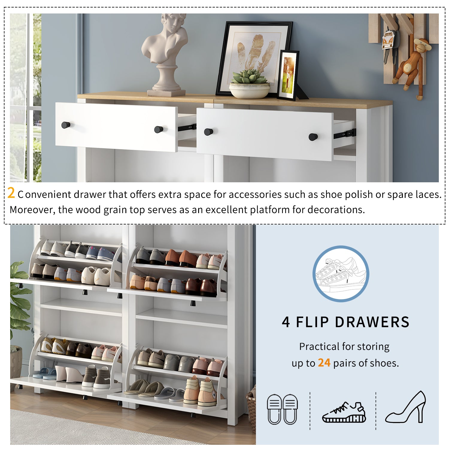 Slim Shoe Cabinet Set With 4 Flip Drawers, Wood Grain Pattern Top Shoe Storage Solution With Adjustable Panel, Modern Style Shoe Rack With Drawers For Hallway, White 5 Or More Drawers White Primary Living Space Adjustable Shelves Particle Board