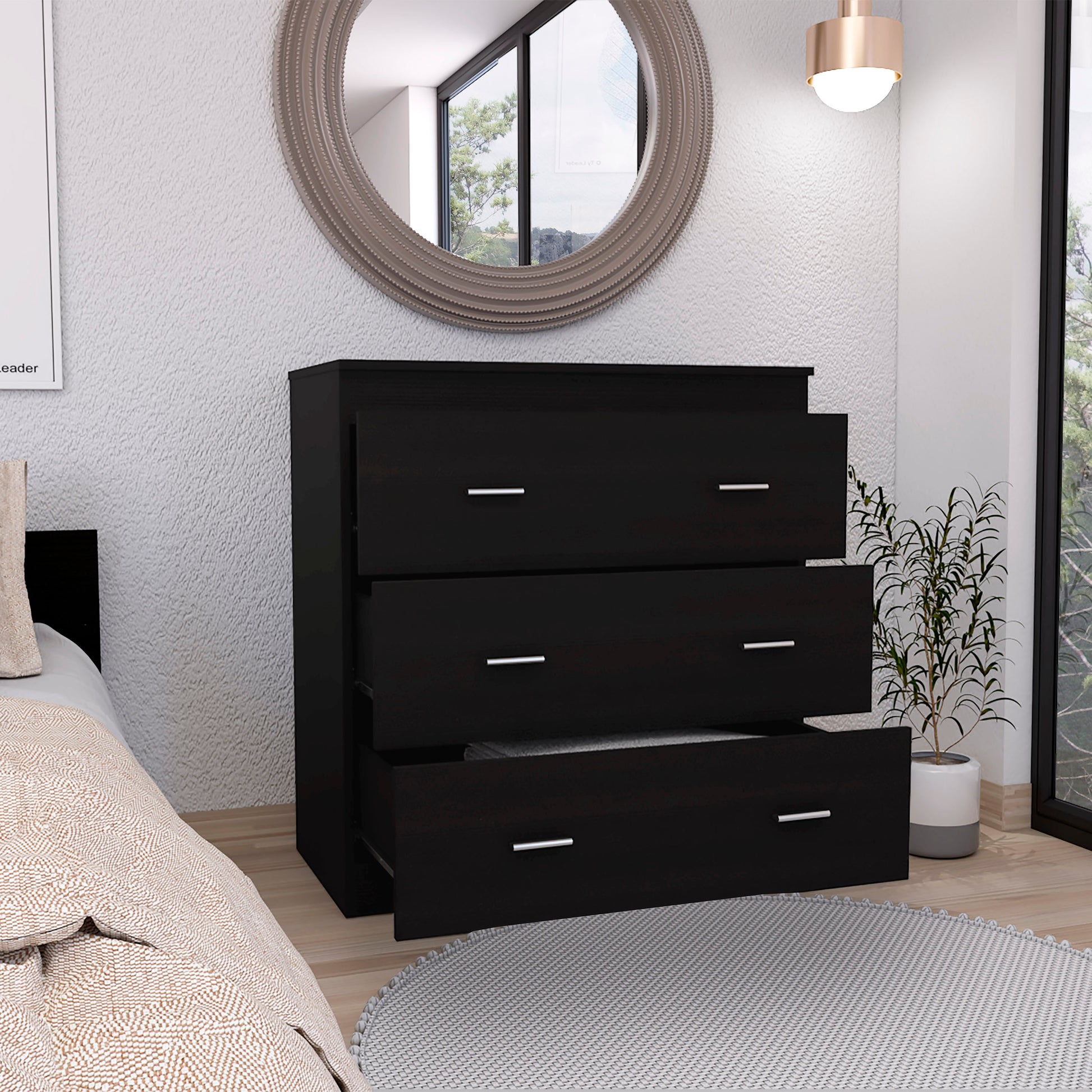 Three Drawer Dresser Litress, Metal Handles, Black Wengue Finish Black Particle Board