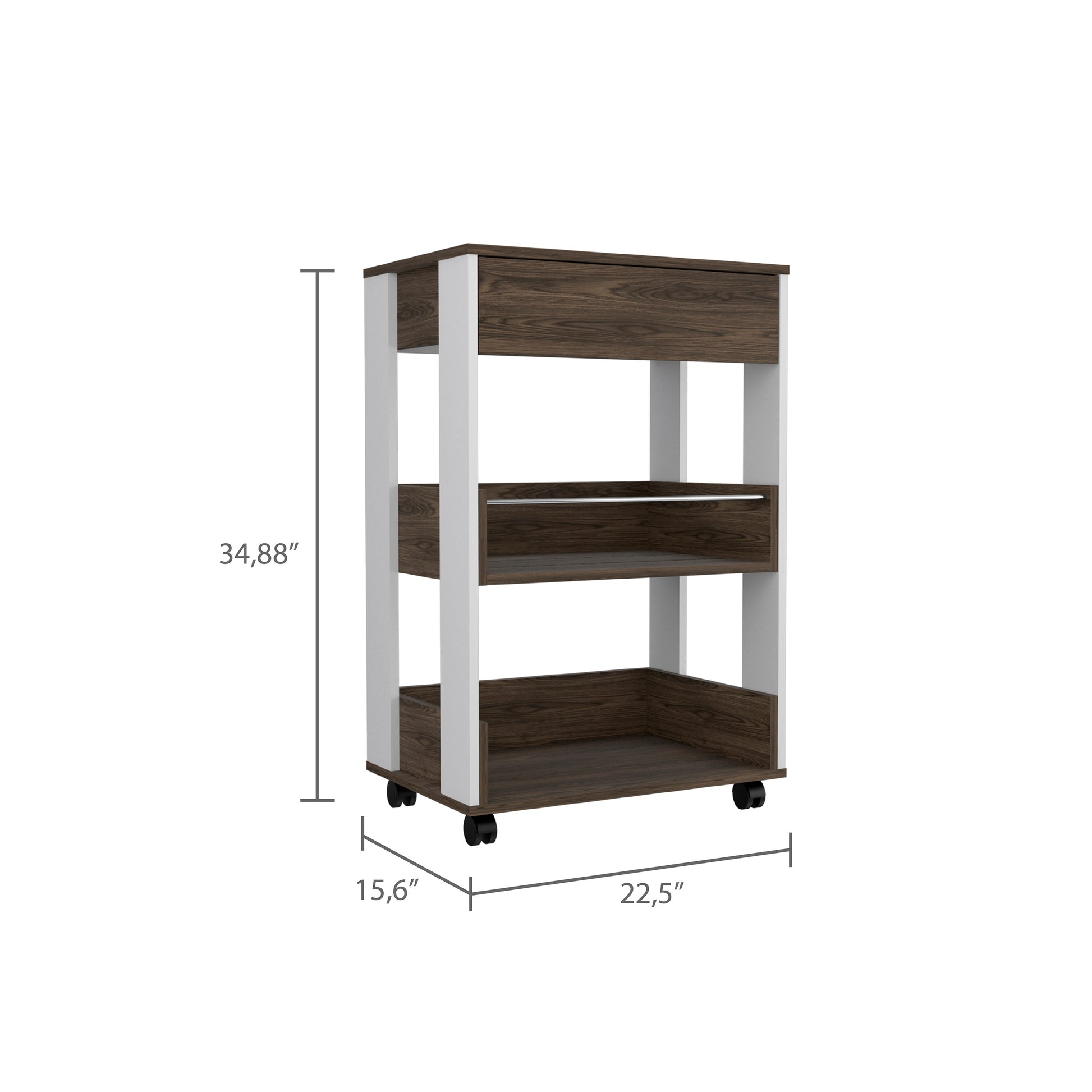 Kitchen Cart Coron With Drawer, Three Tier Shelves And Casters, White Dark Walnut Finish White Walnut Particle Board