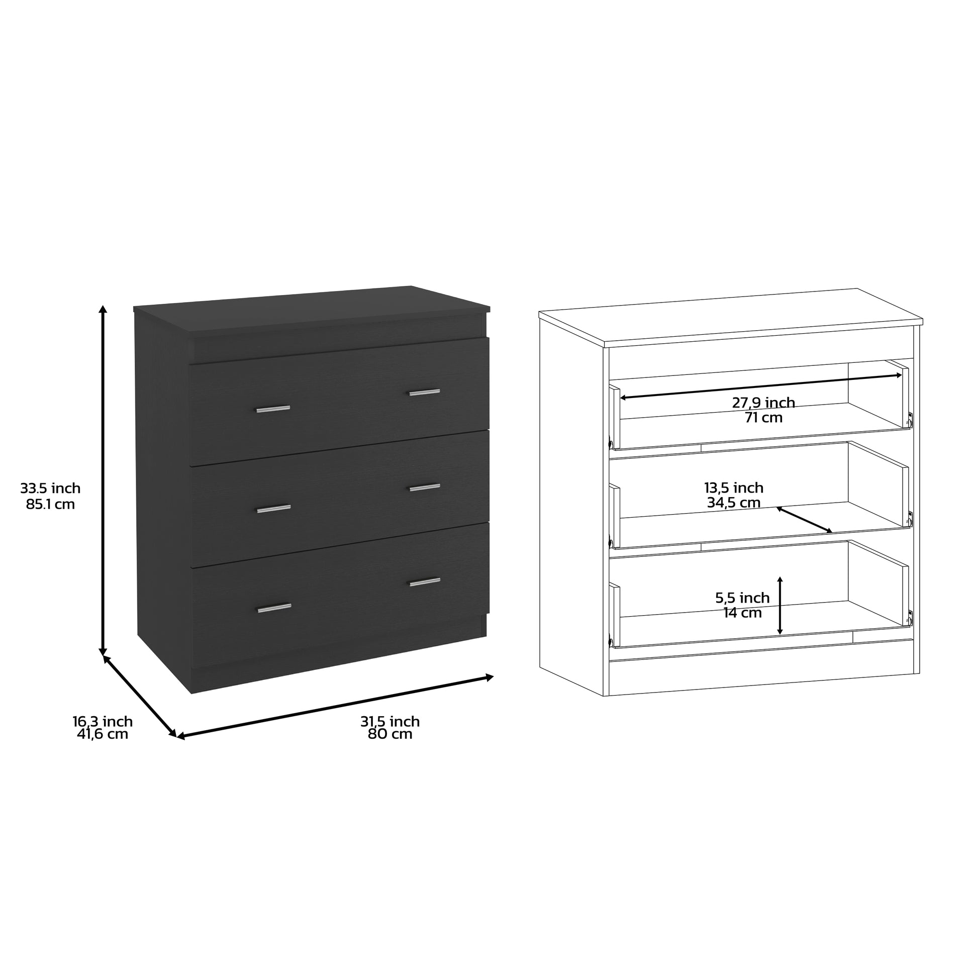 Three Drawer Dresser Litress, Metal Handles, Black Wengue Finish Black Particle Board