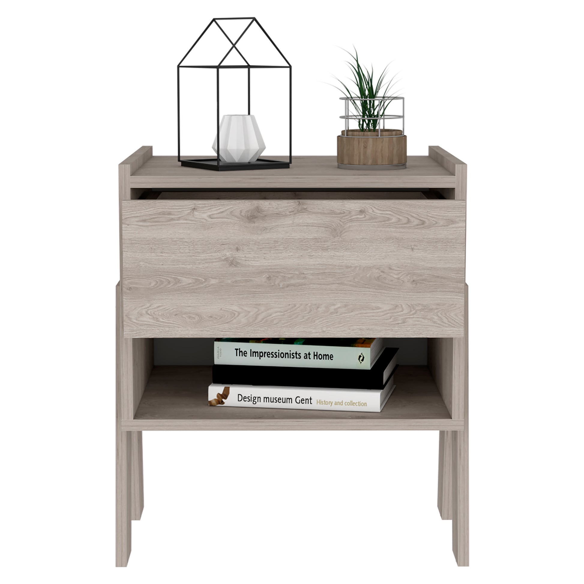 Nightstand Ferku, Open Shelf, One Drawer, Light Gray Finish Light Gray Particle Board