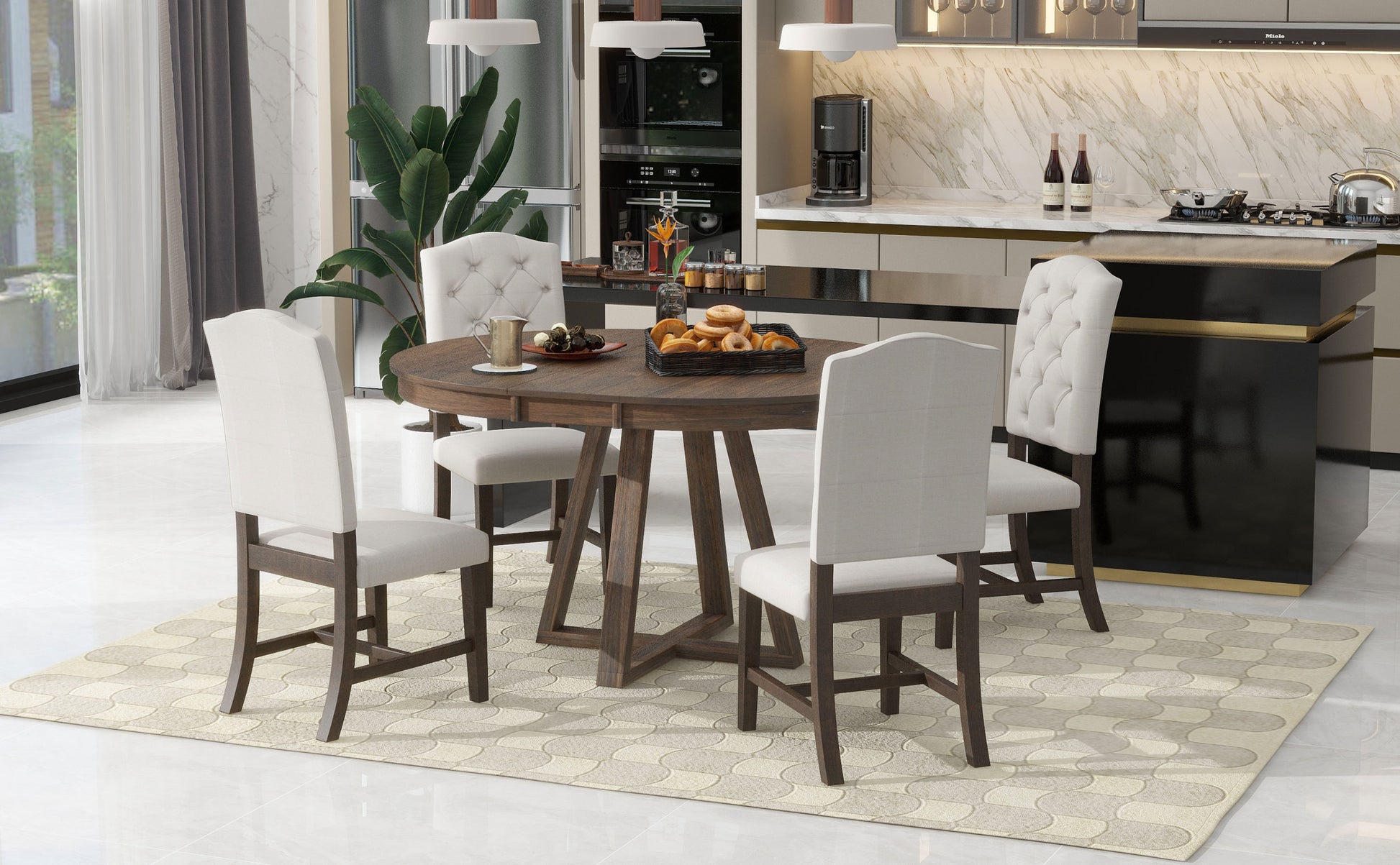 5 Piece Retro Functional Dining Set, Round Table With A 16"W Leaf And 4 Upholstered Chairs For Dining Room And Living Room Walnut Walnut Solid Wood