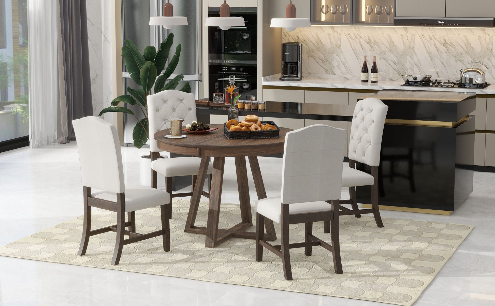 5 Piece Retro Functional Dining Set, Round Table With A 16"W Leaf And 4 Upholstered Chairs For Dining Room And Living Room Walnut Walnut Solid Wood