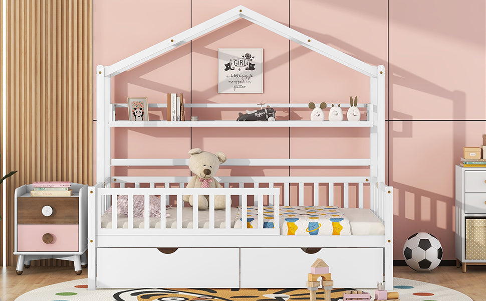 Wooden Twin Size House Bed With 2 Drawers,Kids Bed With Storage Shelf, White White Wood