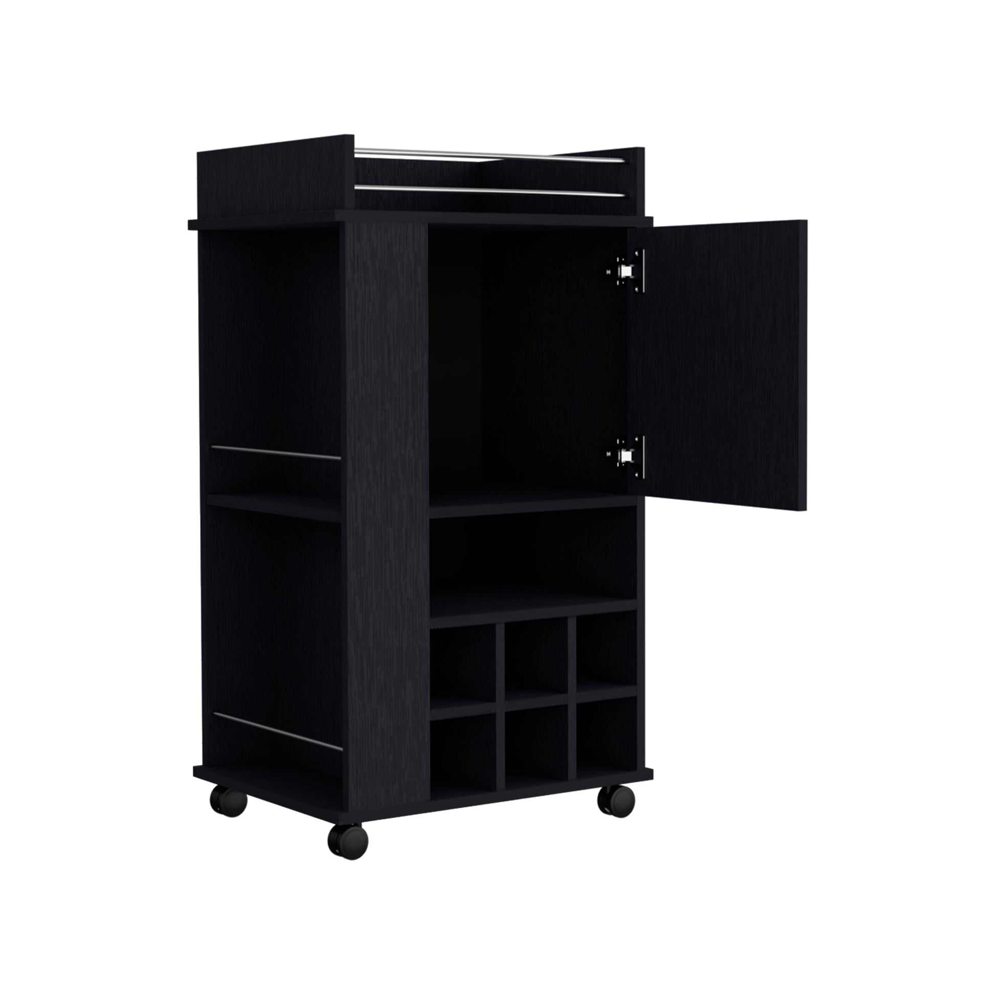 Bar Cart With Casters Reese, Six Wine Cubbies And Single Door, Black Wengue Finish Black Particle Board