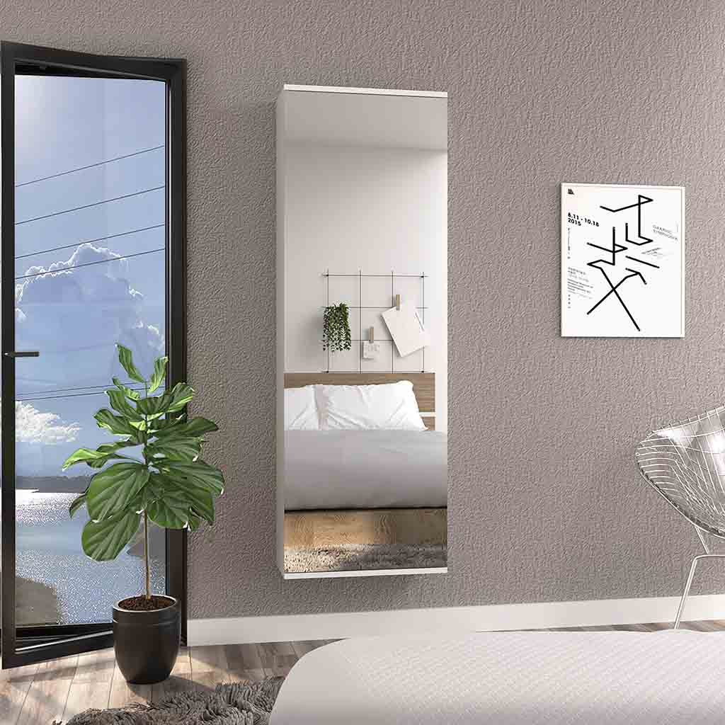 Wall Mounted Shoe Rack With Mirror Chimg, Single Door, White Finish White Particle Board