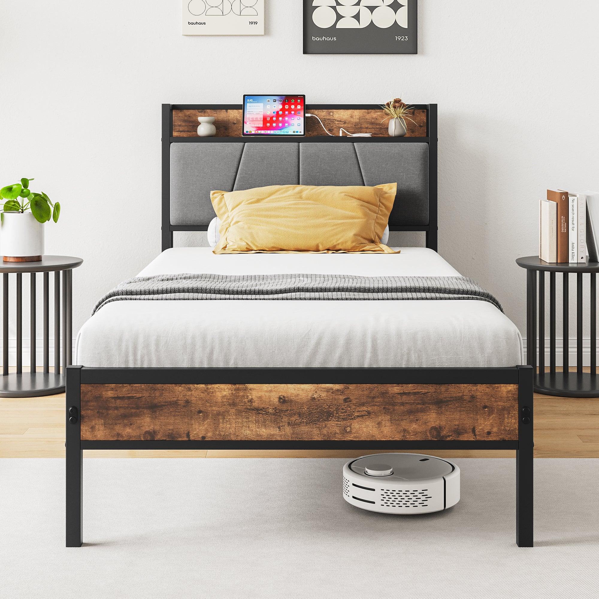 Twin Size Bed Frame, Storage Headboard with Charging box spring not