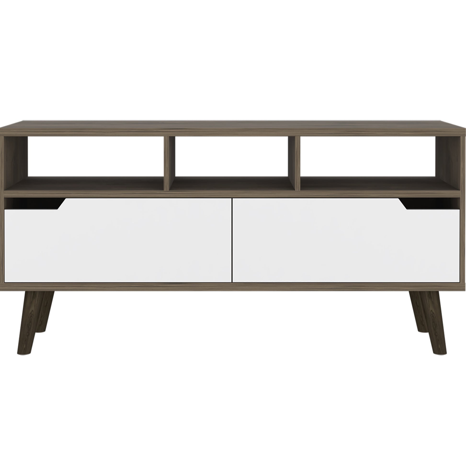 Tv Stand 2.0 For Tv S Up 52" Bull, Three Open Shelves,Two Drawers, Dark Brown White Finish White 50 59 Inches Particle Board